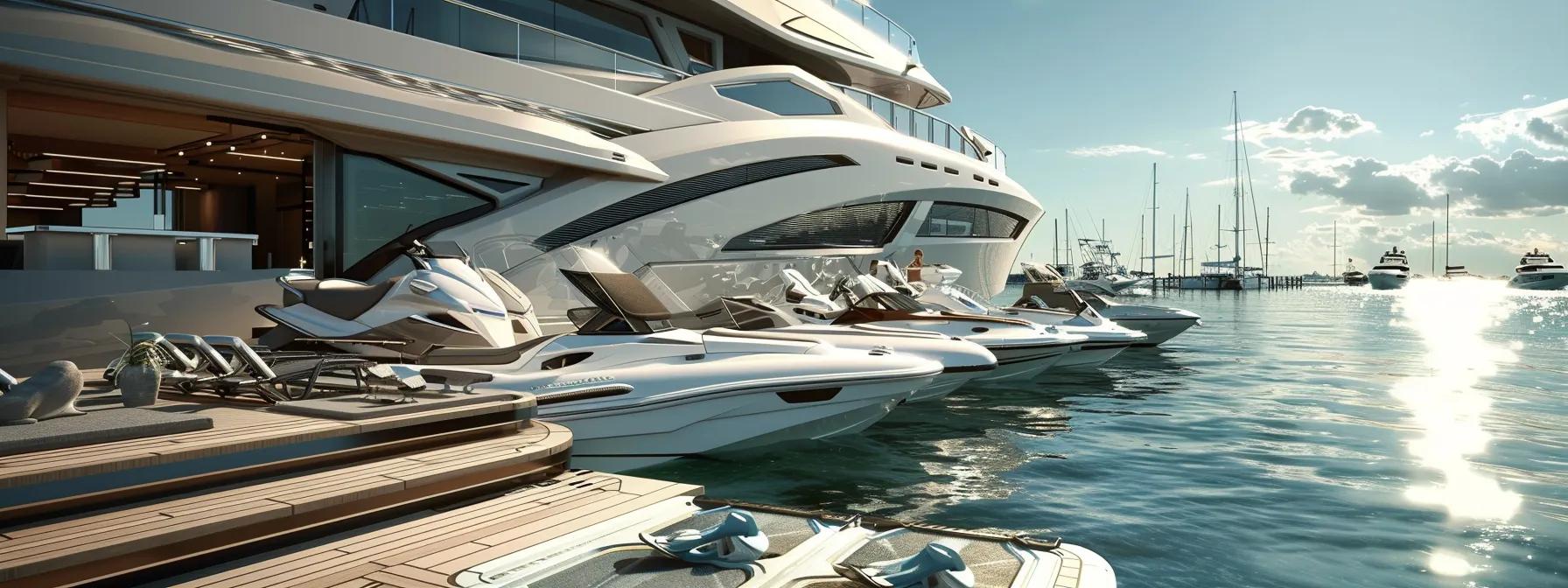 a luxurious yacht anchored at a vibrant marina in fort lauderdale, showcasing its innovative hydraulic swim platform and an array of water sports equipment, with sleek jet skis and paddleboards ready for immediate adventure under the bright blue sky.