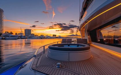 a luxurious yacht docked in a vibrant fort lauderdale marina, showcasing exclusive amenities like a sleek hot tub and stylish sunbathing area, illuminated by the warm glow of sunset against a backdrop of modern waterfront buildings.