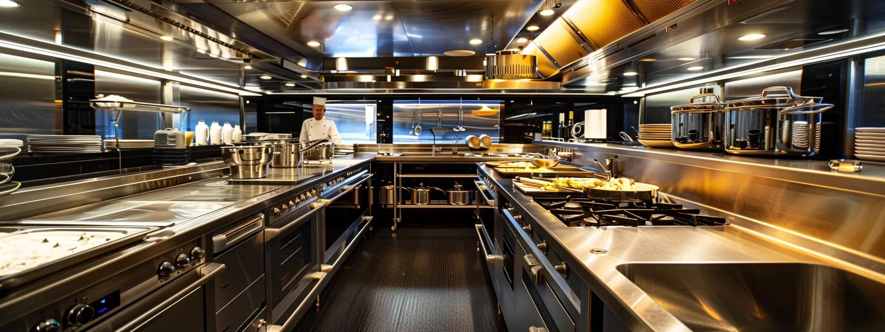 a luxurious yacht galley showcases a state-of-the-art kitchen filled with professional-grade appliances, where a private chef artfully prepares a stunning gourmet meal against a backdrop of elegant dining setups and expansive ocean views.