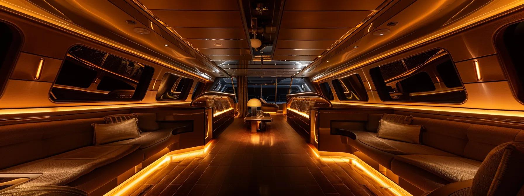 a luxurious yacht interior features elegantly designed staterooms with panoramic water views, plush seating, and ambient lighting, creating a serene and sophisticated atmosphere of ultimate comfort and indulgence.