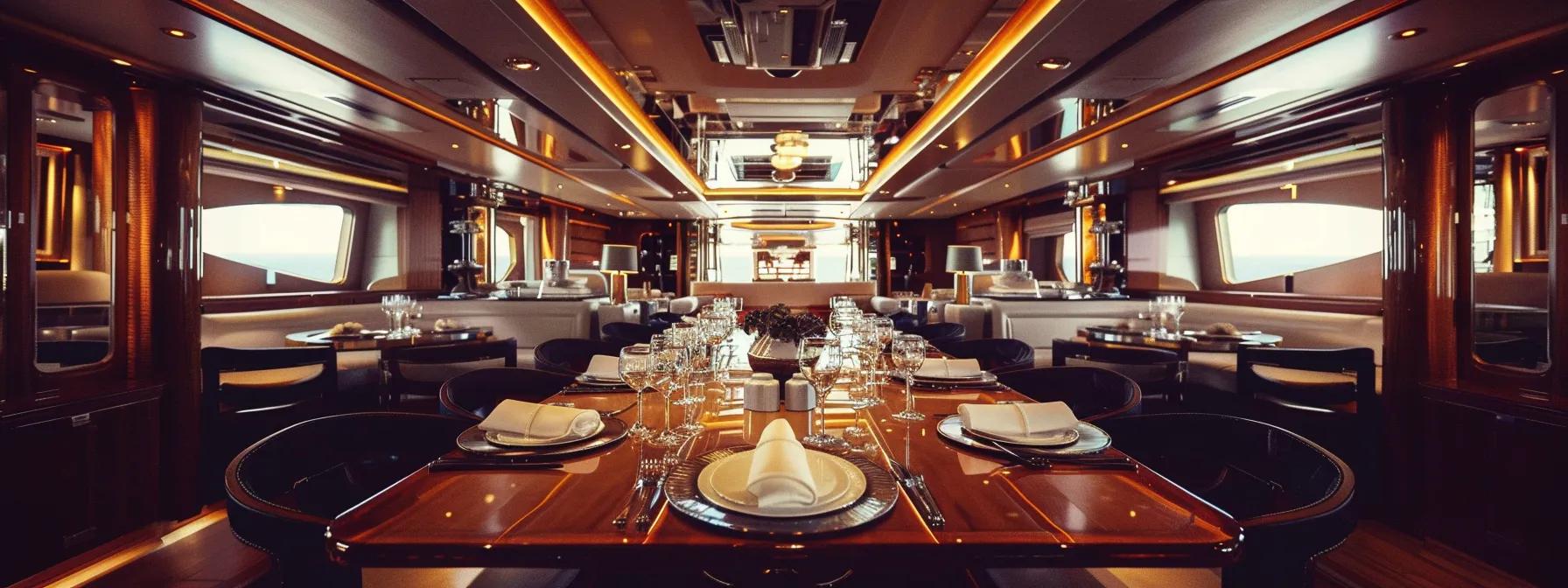 a luxurious yacht interior showcases attentive yacht crew members expertly arranging an elegant dining setting, embodying personalized service and sophistication amidst a backdrop of polished wood and tasteful decor.