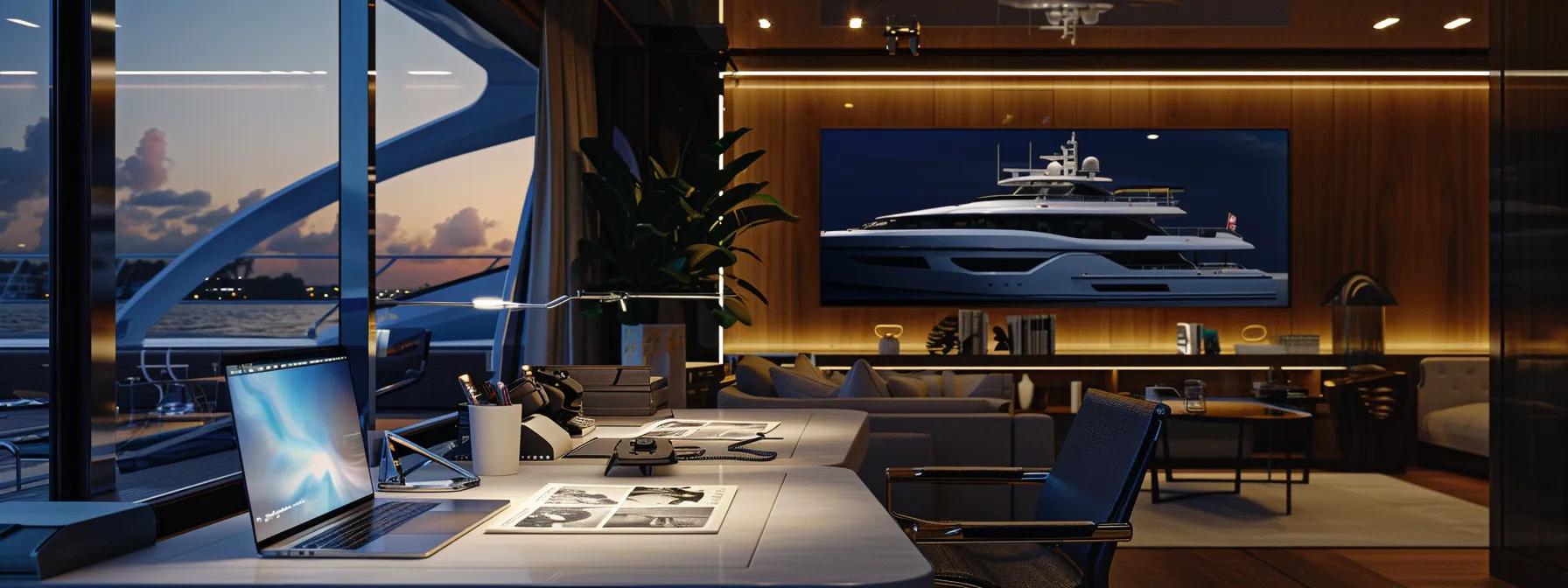 a sleek, modern yacht brokerage office in fort lauderdale, showcasing an elegant desk with a luxurious yacht brochure open, illuminated by focused lighting, while a laptop screen displays an unanswered email thread, symbolizing the stark absence of clear communication.