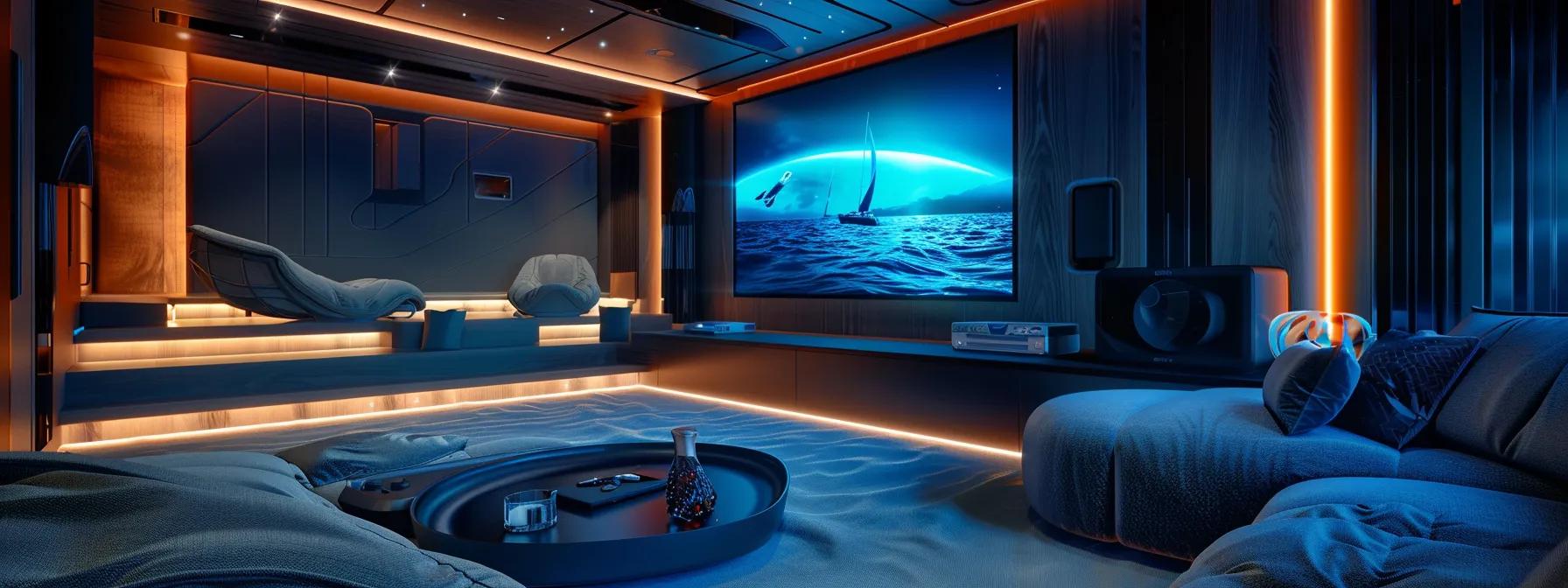 an opulent fort lauderdale yacht showcases a state-of-the-art home theater with immersive led lighting and plush seating, set against a backdrop of elegant entertainment spaces featuring modern gaming consoles and water sports equipment, all illuminated by the vibrant glow of customizable ambient lighting.