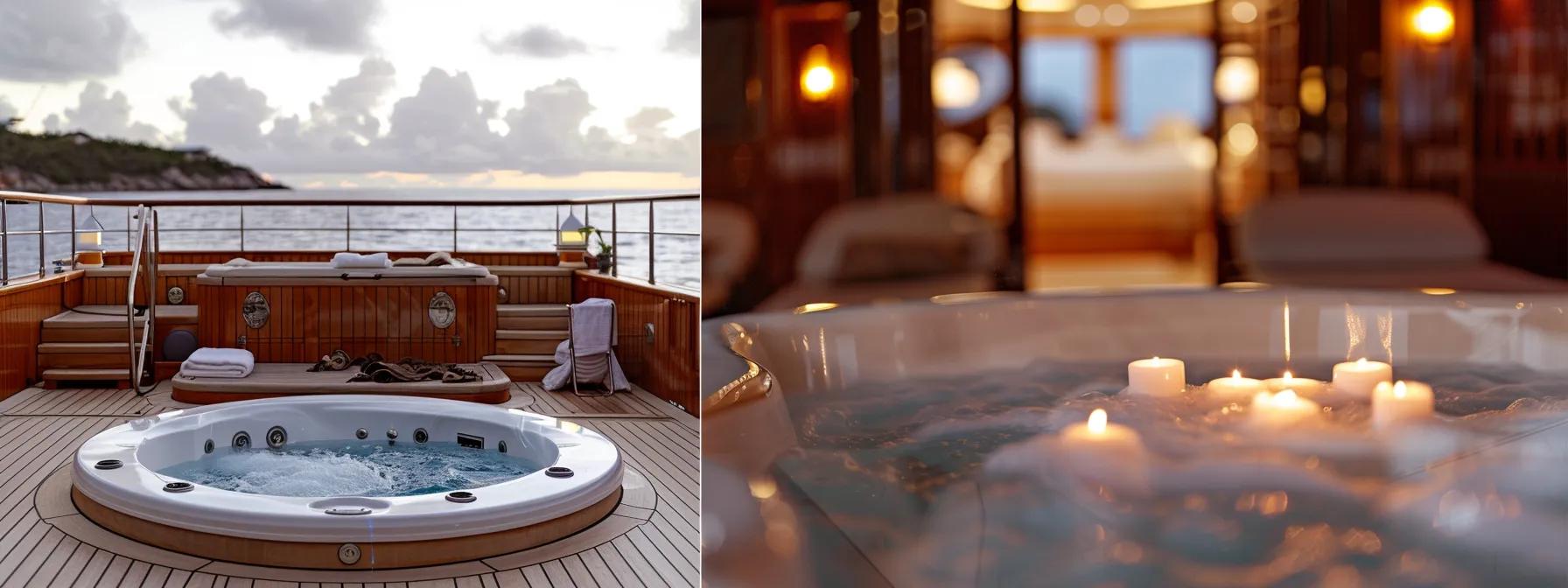 an opulent yacht deck featuring a sparkling jacuzzi with panoramic ocean views, sophisticated gym equipment in the background, and plush, softly lit reading nooks, creating a luxurious sanctuary for wellness and relaxation.