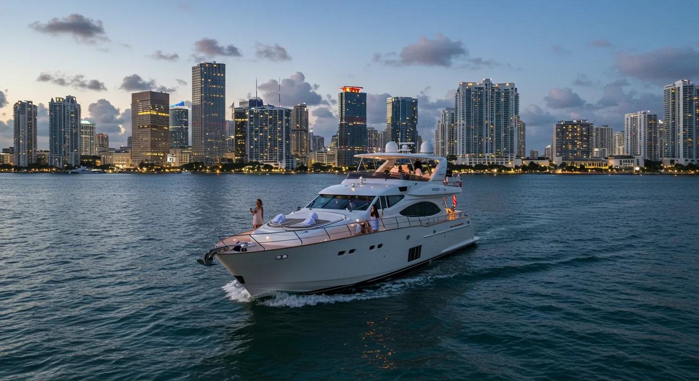 an elegant, sunlit yacht glides across the vibrant miami skyline, where well-dressed guests enjoy personalized service and breathtaking views, capturing the essence of luxury and tailored experiences on a day trip.
