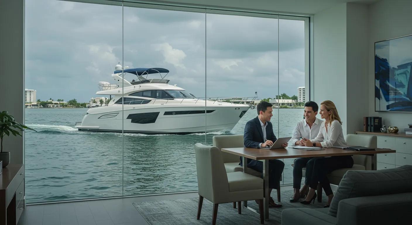 a sleek, modern yacht glides through the shimmering waters of fort lauderdale, while a confident financial advisor discusses personalized loan options with a couple in a stylish marina office filled with nautical decor.