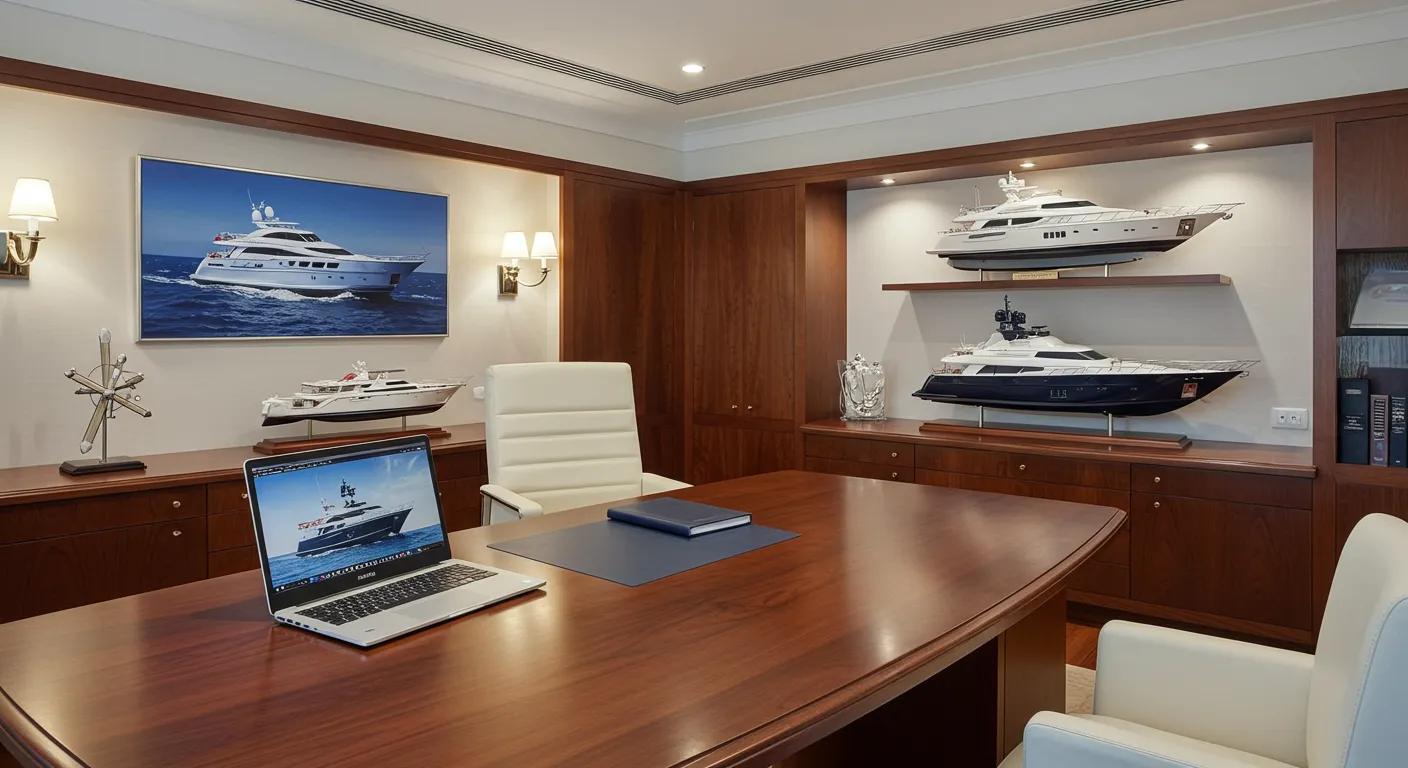 a sophisticated yacht broker's office, adorned with nautical decor and sleek models of luxury yachts, showcases a polished desk with a laptop open, emphasizing the professionalism and expertise that facilitates seamless yacht investments.