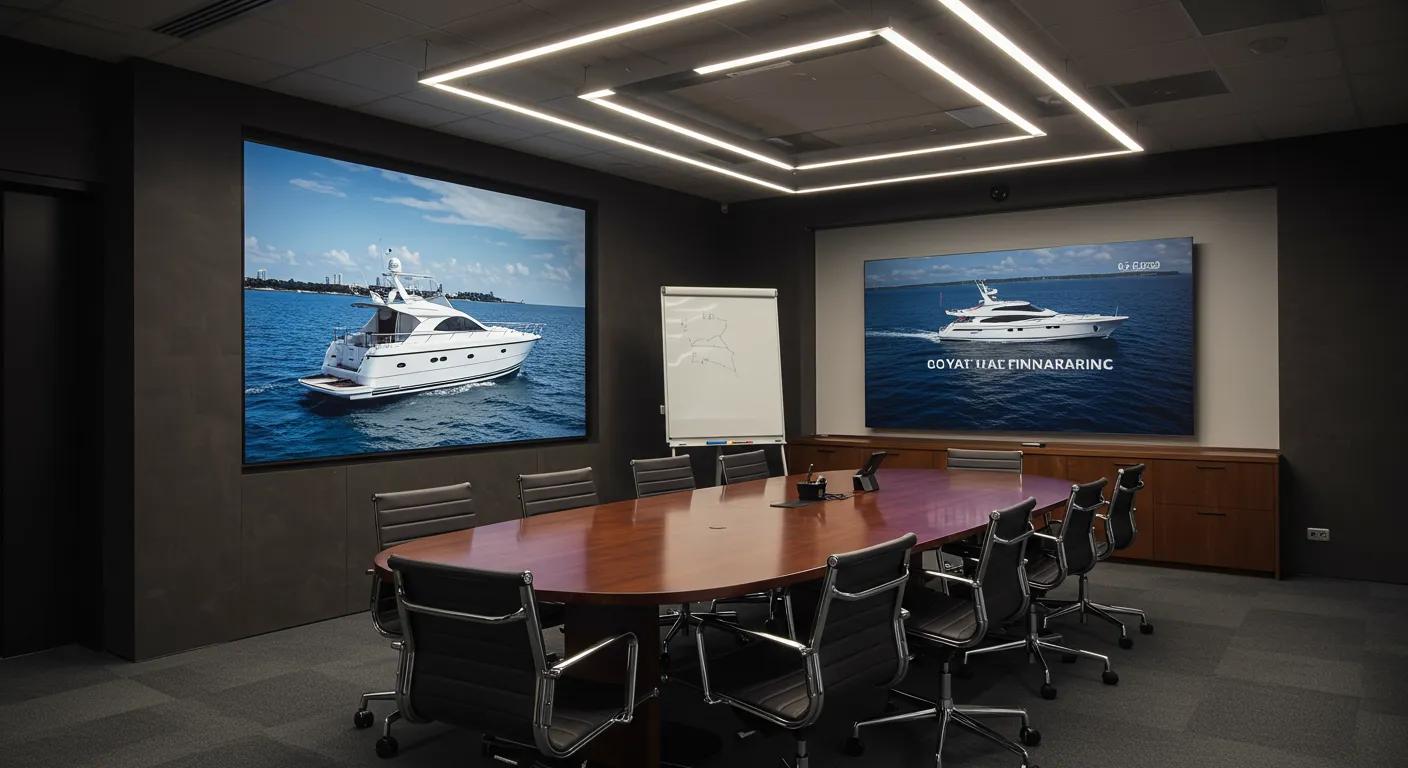 a sleek, modern office with a polished conference table displays a digital presentation on yacht financing, illuminated by sophisticated overhead led lighting and featuring high-end design elements that emphasize luxury and investment.