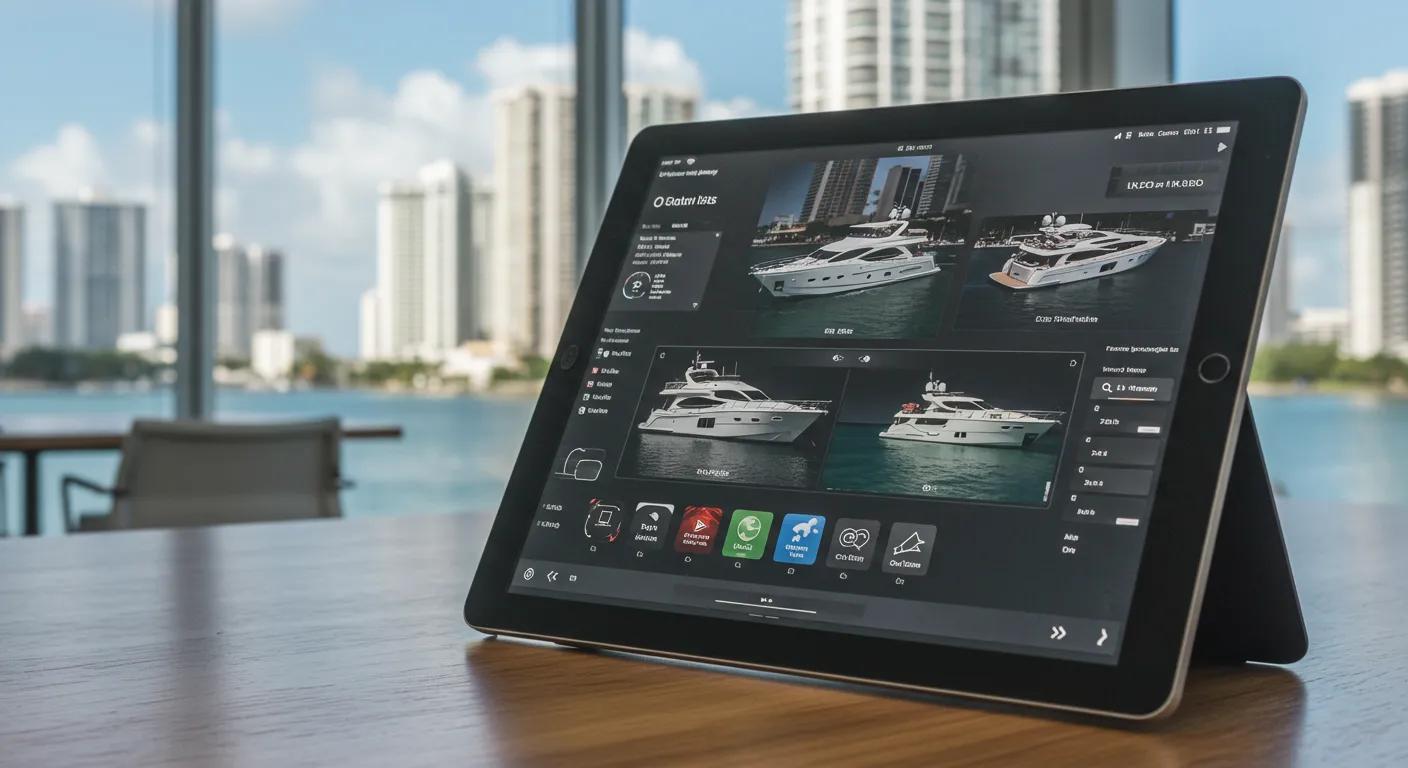 a stylish digital interface displayed on a sleek tablet showcases a variety of luxury yachts available for charter in a modern miami office, with a vibrant city skyline visible through large glass windows.