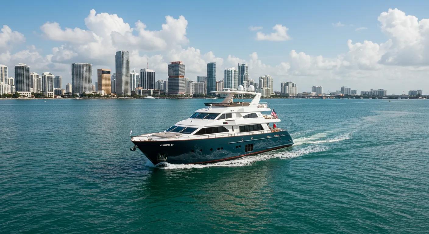 a luxurious yacht gliding through the vibrant waters of miami, with the city skyline shimmering in the background, showcasing a perfect blend of opulence and adventure that embodies the essence of high-end yacht charter services.
