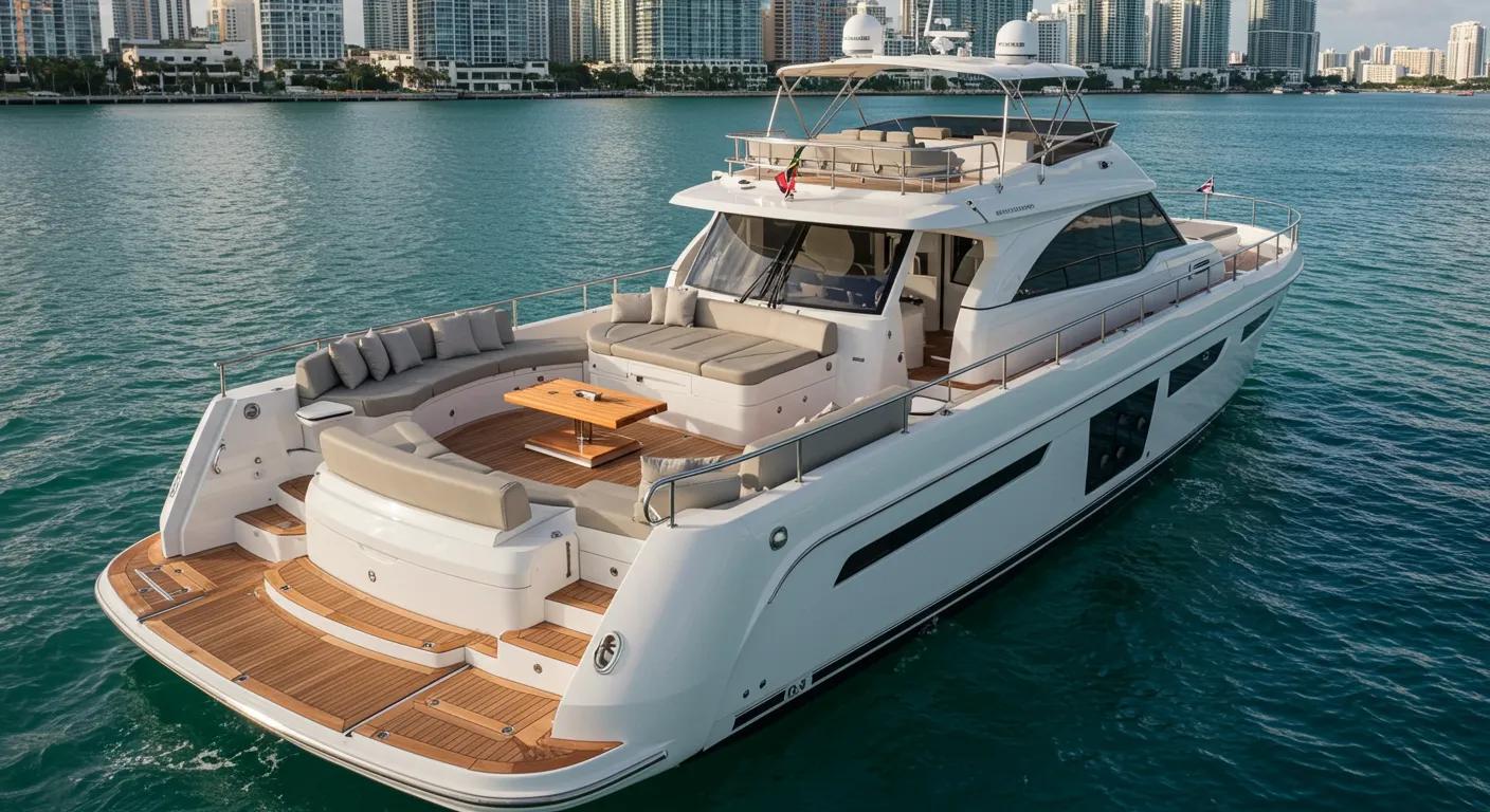 a luxurious yacht glides through the vibrant waters of miami, exuding elegance with plush seating, refined decor, and a captivating skyline backdrop, epitomizing the ultimate in comfort and personalized service for an unforgettable day trip experience.