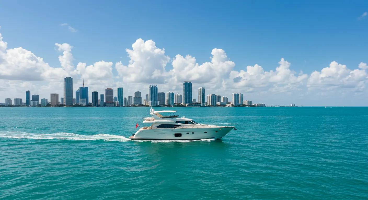 a luxurious yacht glides through the sparkling turquoise waters off the vibrant miami coastline, framed by a dramatic urban skyline, capturing the essence of adventure and elegance in one of the city’s most sought-after charter destinations.