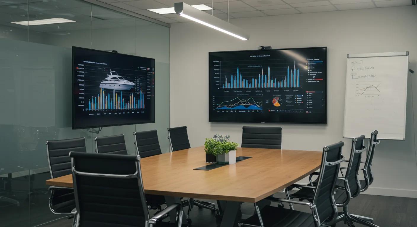 a polished office environment features a sleek conference table with sophisticated financial charts displayed on a digital screen, illustrating the strategic discussion on optimizing yacht loan structures for affluent clients.