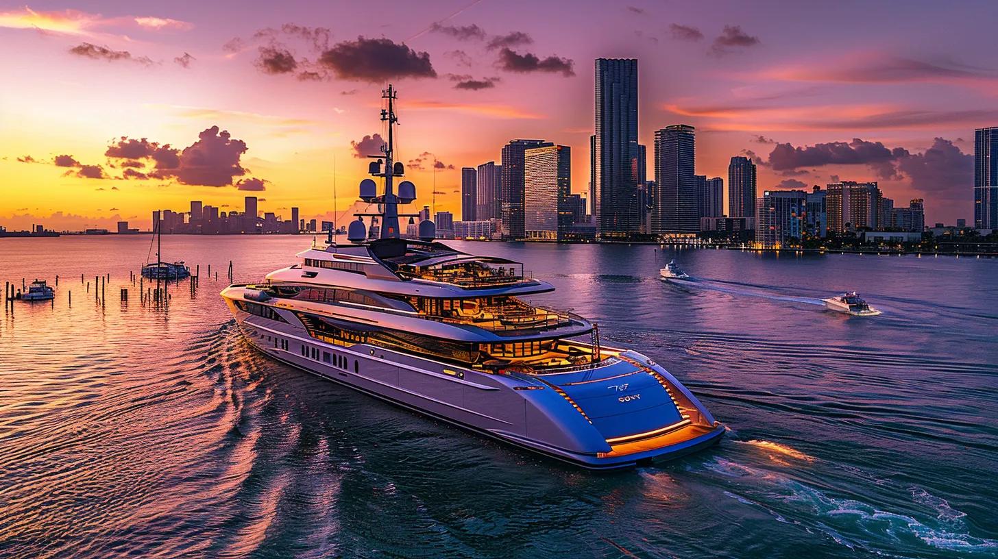 a lavish luxury yacht glides through the sparkling waters of miami, showcasing opulent amenities and attentive service staff against a vibrant city skyline at sunset.