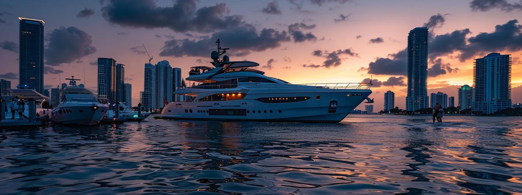 a luxurious yacht anchored in the vibrant waters of south florida, featuring a lively gathering of people engaged in water sports and celebratory activities against a backdrop of a sleek, modern skyline.