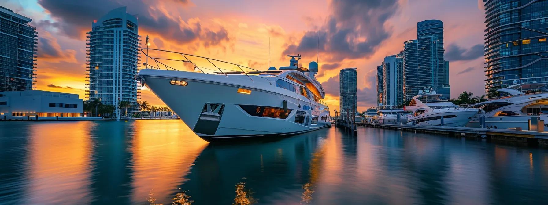 a luxurious yacht elegantly anchored in a vibrant marina at sunset, showcasing south florida's upscale lifestyle with sleek buildings in the background and soft ambient lighting reflecting off the water.
