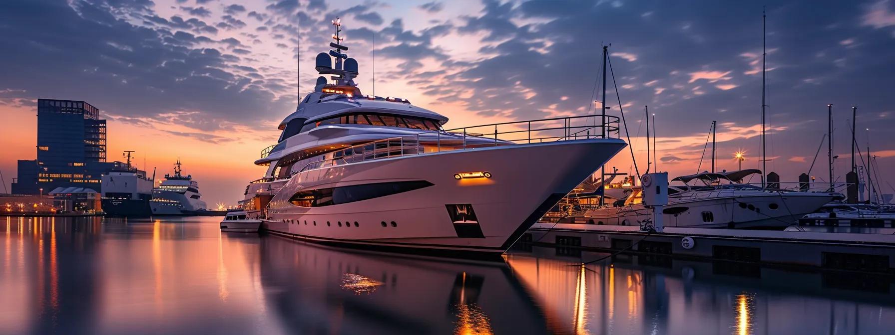 Luxurious yacht docked at marina during sunset, showcasing elegant design and serene reflections on water, emphasizing the luxury yacht brokerage theme.