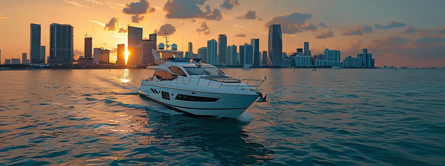 a luxurious yacht glides through the sparkling turquoise waters of miami's bustling skyline at sunset, showcasing the city's vibrant architecture against a backdrop of rich, warm colors in the sky.