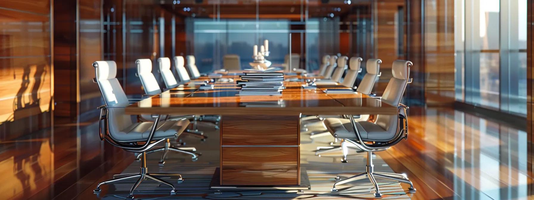 a sleek, modern office conference room features a polished wooden table surrounded by sophisticated chairs, where a poised yacht broker presents detailed documents and proposals to an engaged client, emphasizing a professional atmosphere of decision-making and partnership formation.