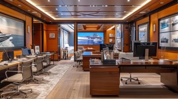 a sleek, modern yacht brokerage office showcases polished wooden desks, sophisticated marine decor, and large, vibrant photographs of luxury yachts, creating an atmosphere of elegance and professionalism.