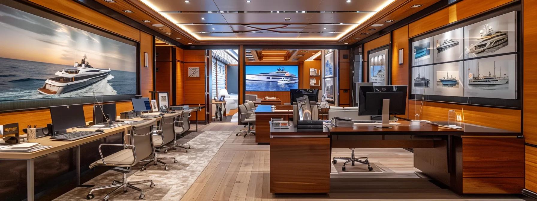 Modern yacht brokerage office interior featuring sleek design, multiple workstations, and large screens displaying luxury yachts, emphasizing Moretti Yachts International's commitment to yacht sales and services.