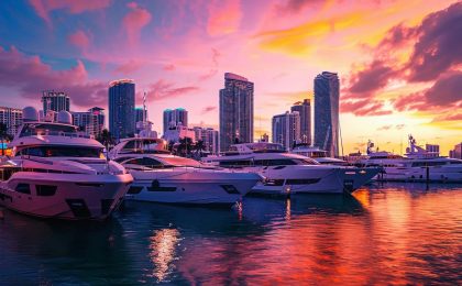 Vibrant Miami marina at sunset featuring luxury yachts and skyline, highlighting premium yacht charter experiences.