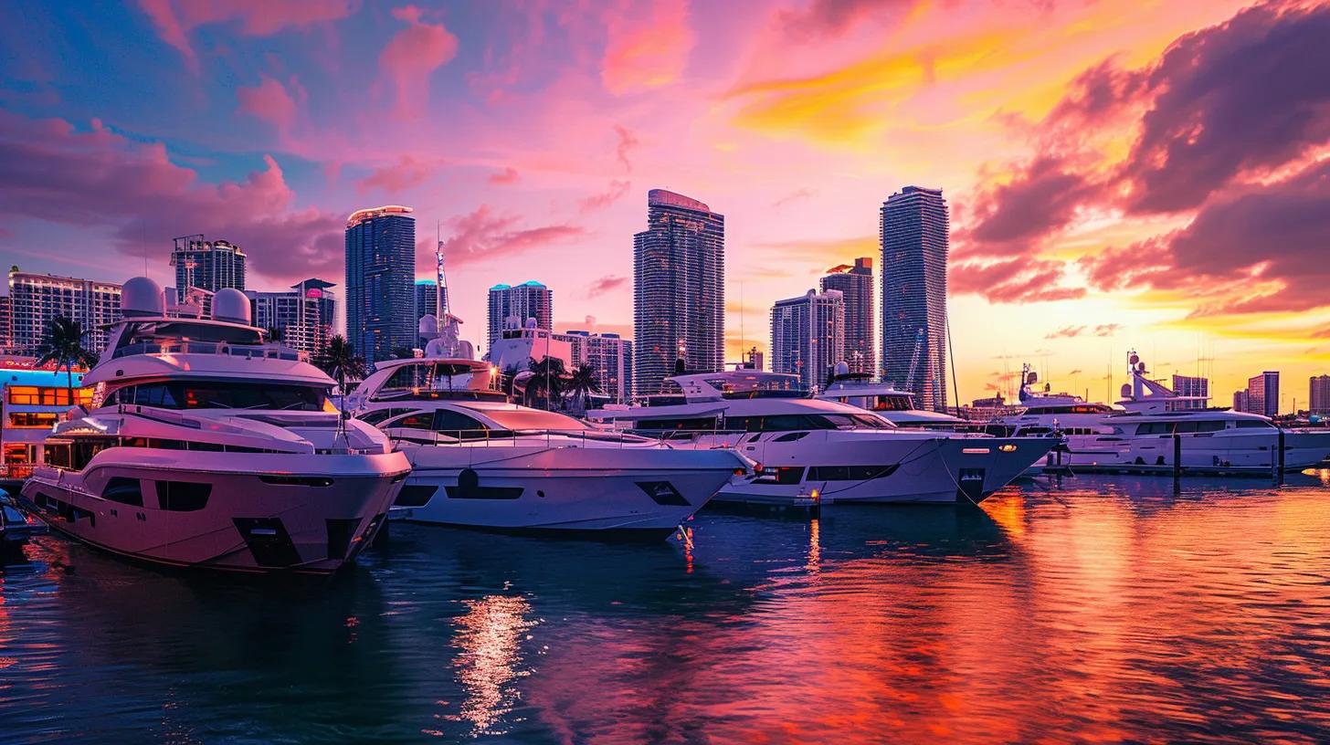 Vibrant Miami marina at sunset featuring luxury yachts docked along the waterfront with city skyline in the background, highlighting Moretti Yachts' affordable yacht charter experiences.