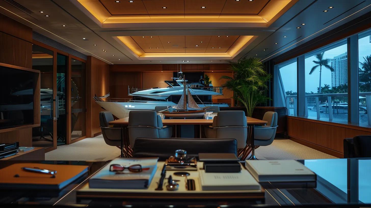 an elegant office setting in fort lauderdale, showcasing a sleek conference table with a yacht model and financial documents spread out, illuminated by modern lighting that emphasizes a sophisticated atmosphere for discussing luxury yacht loans.