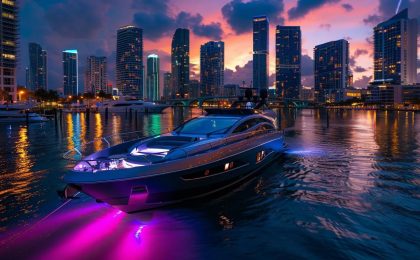Luxury yacht illuminated in vibrant purple lights, cruising through Miami waters at sunset, with a skyline of modern skyscrapers in the background, highlighting premium yacht charter experiences.