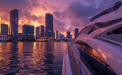 Luxurious motoryacht at sunset with Miami skyline reflecting in the water, showcasing premium yacht charter experience.