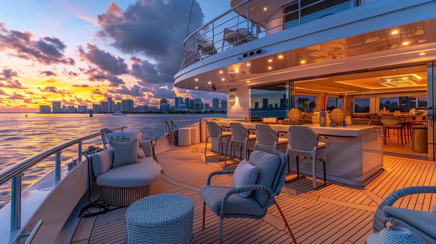 a luxurious yacht sun deck in miami is elegantly furnished with stylish lounge chairs and a chic bar area, bathed in vibrant sunset hues, creating a perfect backdrop for relaxation and social gatherings.