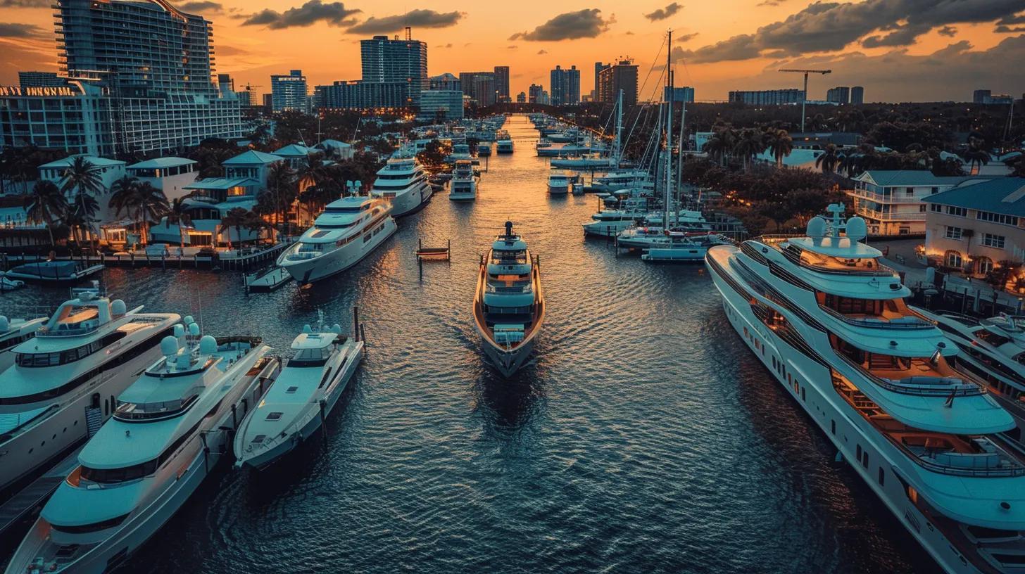 a modern yacht marina in fort lauderdale bustling with sleek boats and yachts, featuring prominent signage outlining local regulations and guidelines against a vibrant urban waterfront backdrop.