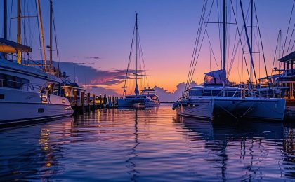 Sleek modern marina at twilight with luxury yachts and calm waters, highlighting Miami's vibrant boating scene and ideal for yacht charters.