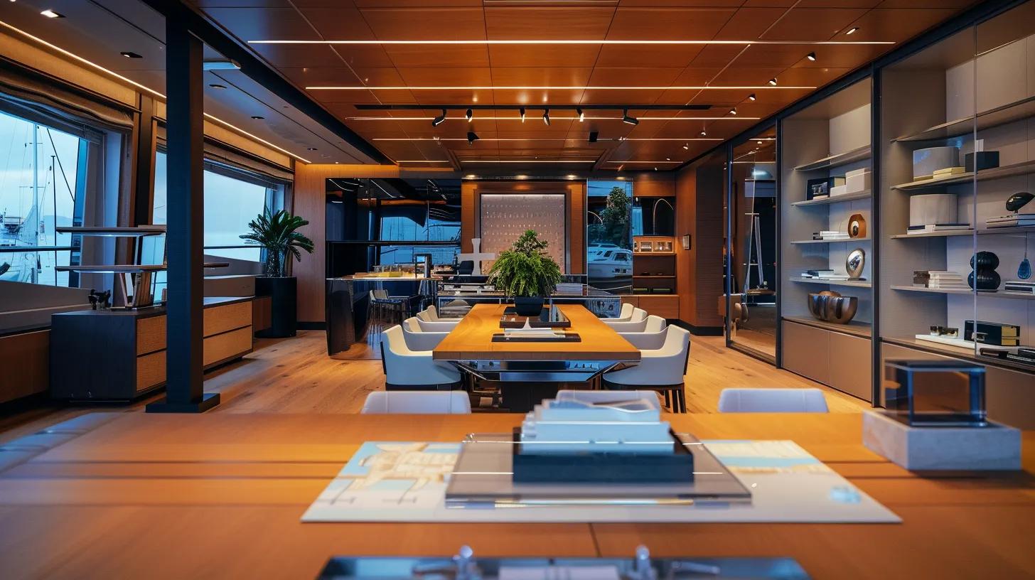 Sleek modern yacht interior featuring a spacious dining area, stylish furnishings, and large windows showcasing the marina view, highlighting luxury and sophistication in yacht design.