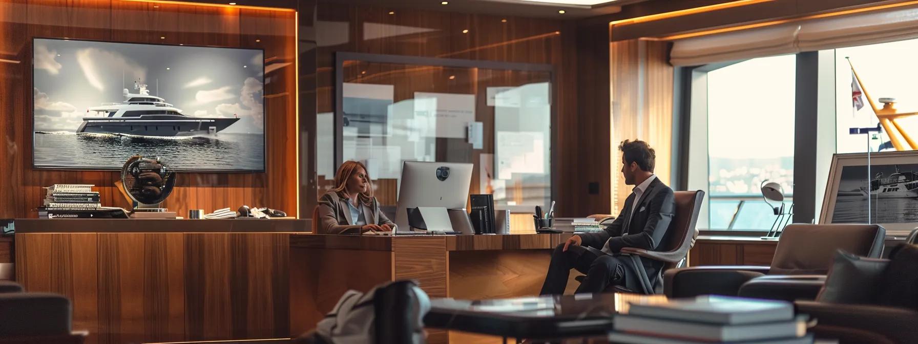 a sleek, modern office setting showcases a poised yacht broker engaged in a sophisticated conversation with a client, surrounded by luxurious nautical décor and high-end yacht brochures, emphasizing professionalism and market insight in the luxury yacht industry.