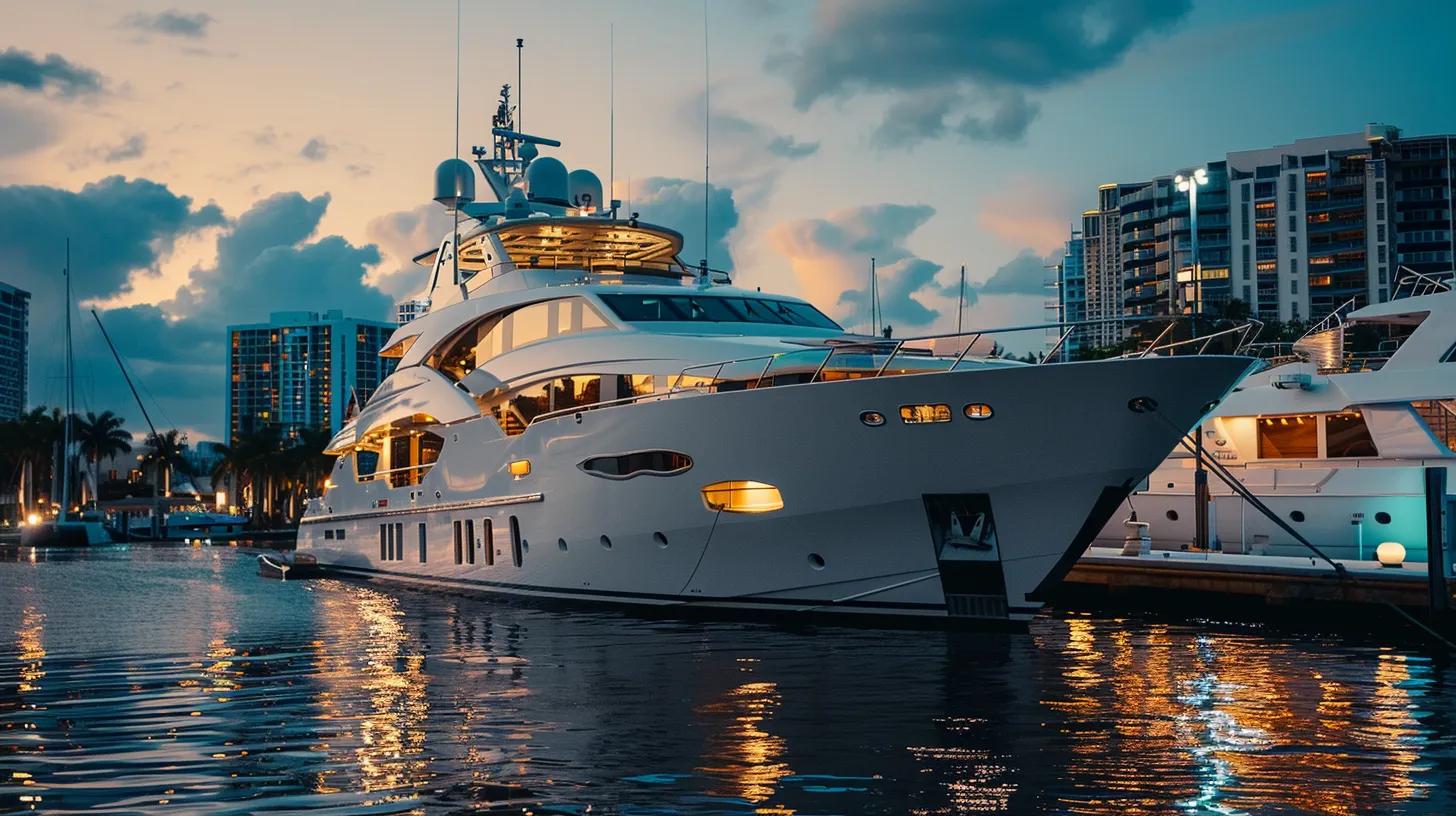 a sleek yacht is docked at a modern, bustling marina in fort lauderdale, with elegant buildings and upscale amenities in the background, showcasing the vibrant lifestyle choices available for discerning boaters.