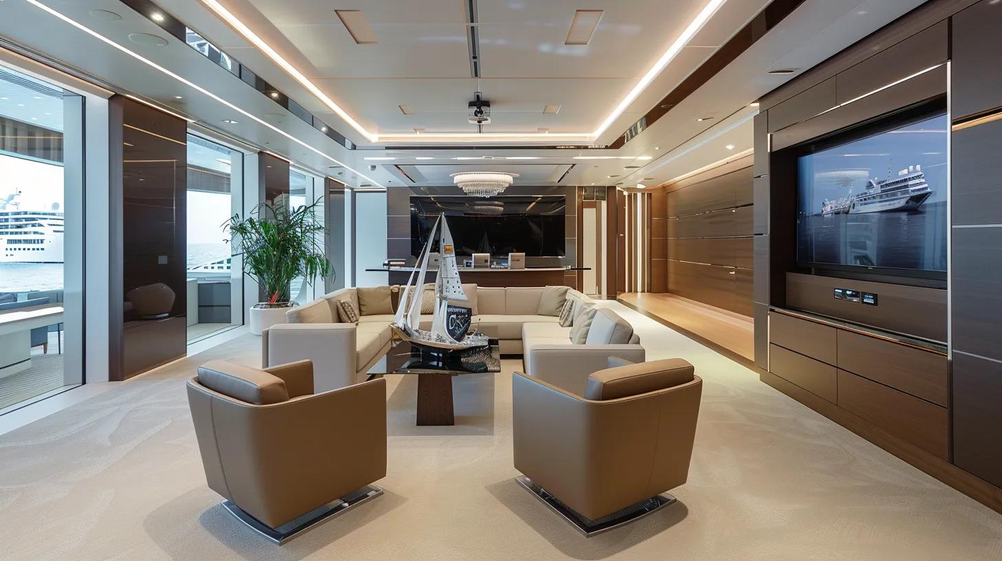 Luxurious yacht interior featuring a modern lounge with plush seating, elegant lighting, and a decorative sailboat model, reflecting the sophistication and craftsmanship of Moretti Yachts.