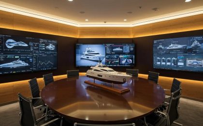Luxury yacht design presentation room featuring a central model yacht, multiple screens displaying yacht specifications and data, and a round conference table, emphasizing yacht investment and brokerage discussions.