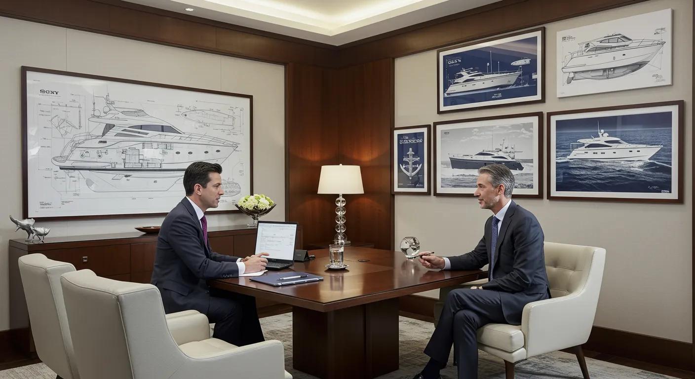 an elegantly designed office space features a sophisticated lending advisor discussing yacht financing with a client, surrounded by luxurious marine-themed decor and framed yacht blueprints, reflecting the high-stakes nature of luxury marine investments.