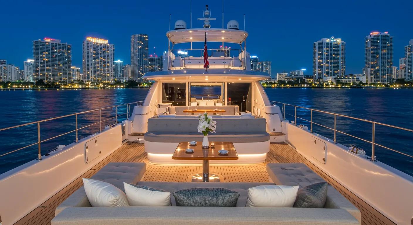 a luxurious charter yacht glistens under miami's vibrant skyline, showcasing an elegantly arranged deck ready for a personalized day trip, enveloped in an atmosphere of exclusivity and sophistication.