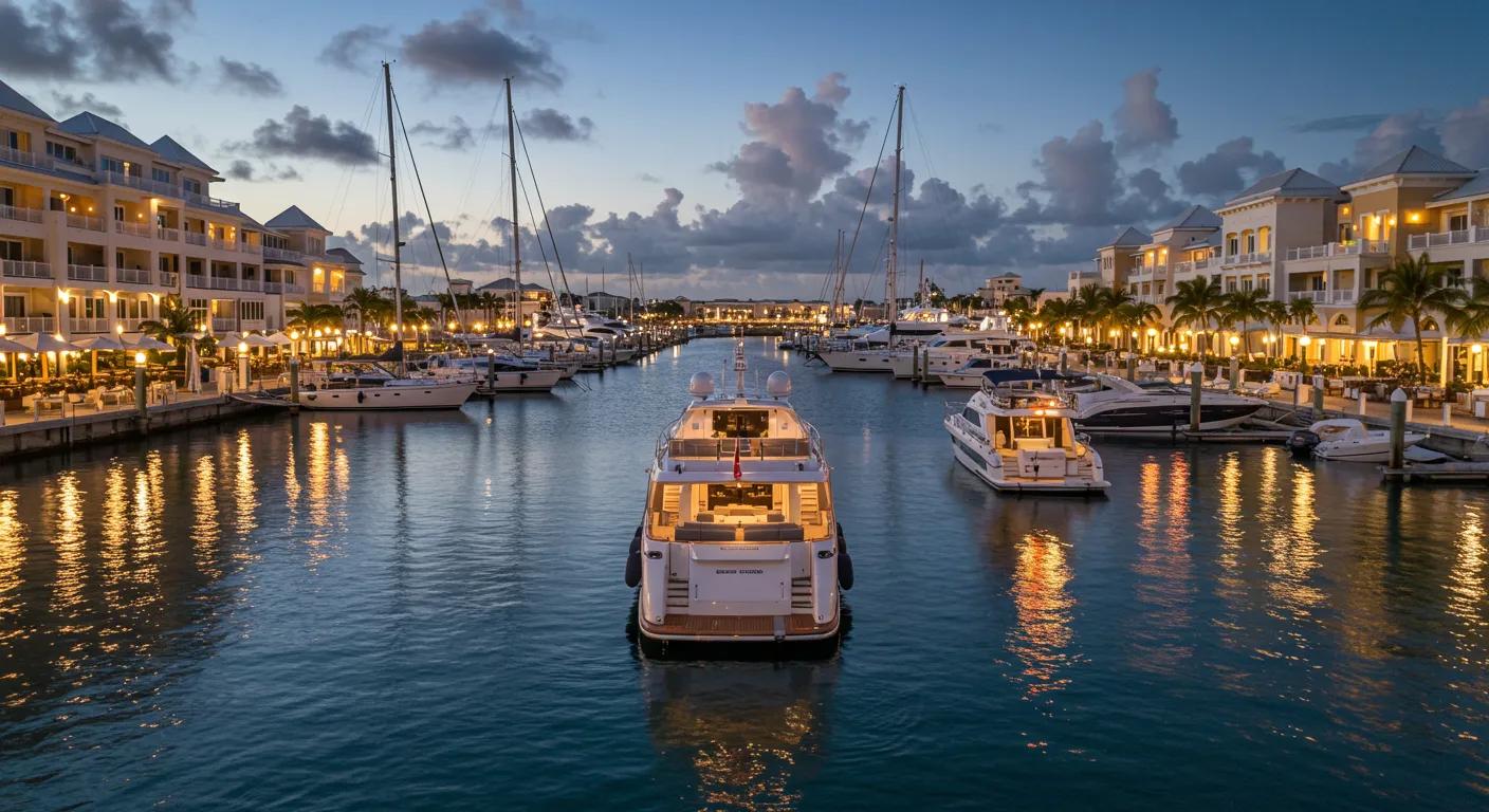 a luxurious yacht anchored in a bustling marina filled with sleek boats, surrounded by sophisticated waterfront cafes and vibrant nightlife, showcasing the enticing allure of prime investment opportunities in the caribbean.