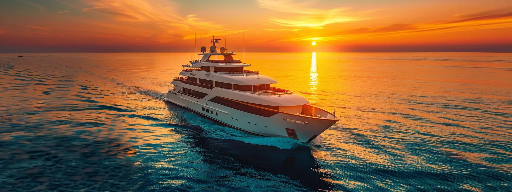 a luxurious motor yacht elegantly traverses turquoise waters at sunset, its sleek european design and plush deck furnishings embodying sophistication and freedom, captured from an elevated 3/4 angle with rich cinematic lighting.
