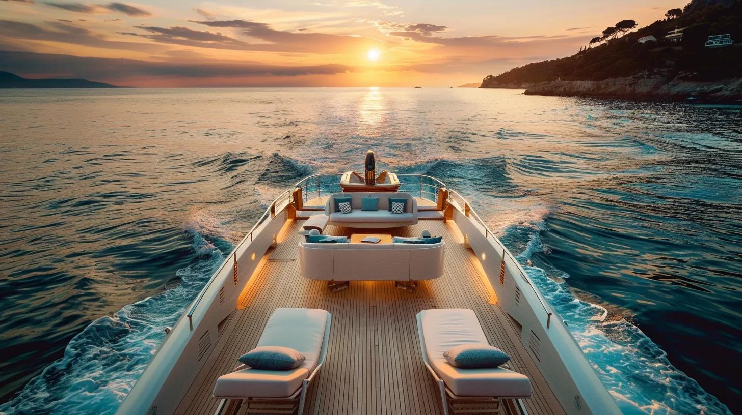a luxurious motor yacht with sleek european design glides effortlessly through crystal-clear turquoise waters at golden hour, showcasing elegant white deck furnishings as warm sunset tones reflect off the gentle ripples, evoking a sense of wealth, freedom, and tranquility in a high-end yachting experience.