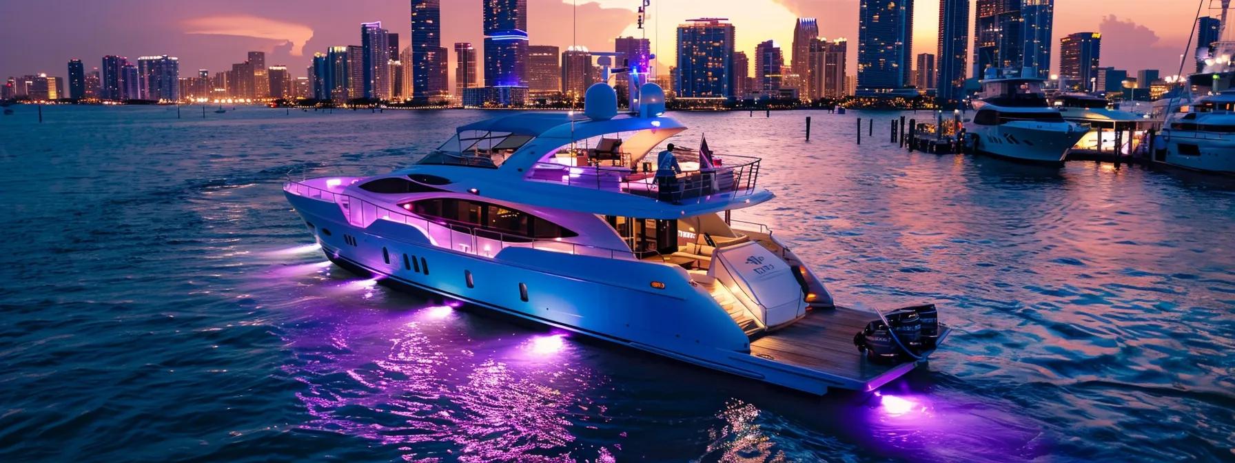 a luxurious yacht elegantly anchored in the vibrant waters of miami, adorned with sophisticated decor and guests mingling in stylish attire, creates a stunning backdrop for an upscale event against a skyline of twinkling city lights.