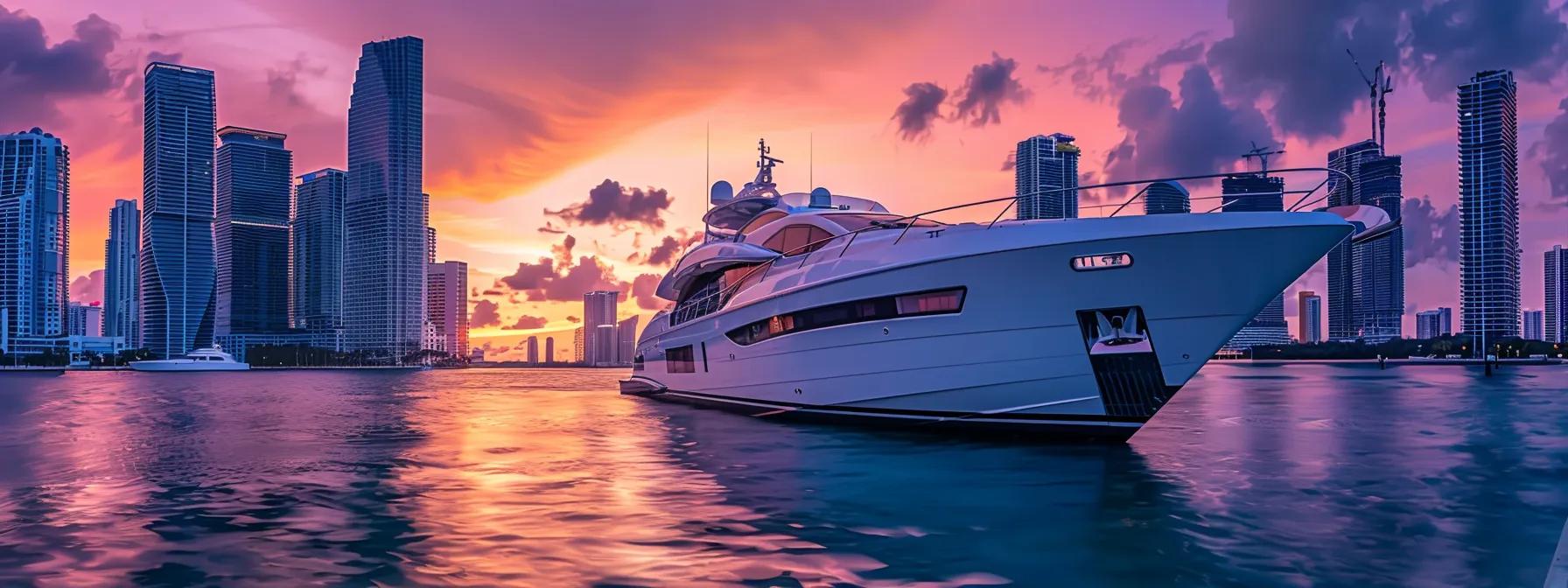 a luxurious yacht gracefully glides through the vibrant miami skyline at sunset, showcasing iconic skyscrapers reflecting the warm hues of the sky as the bustling urban atmosphere creates an exhilarating backdrop for an unforgettable charter experience.
