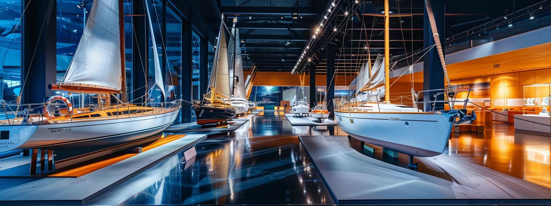 Luxurious yacht showroom featuring a variety of sailing yachts and motorboats, showcasing elegant designs and advanced features in a modern, well-lit space.