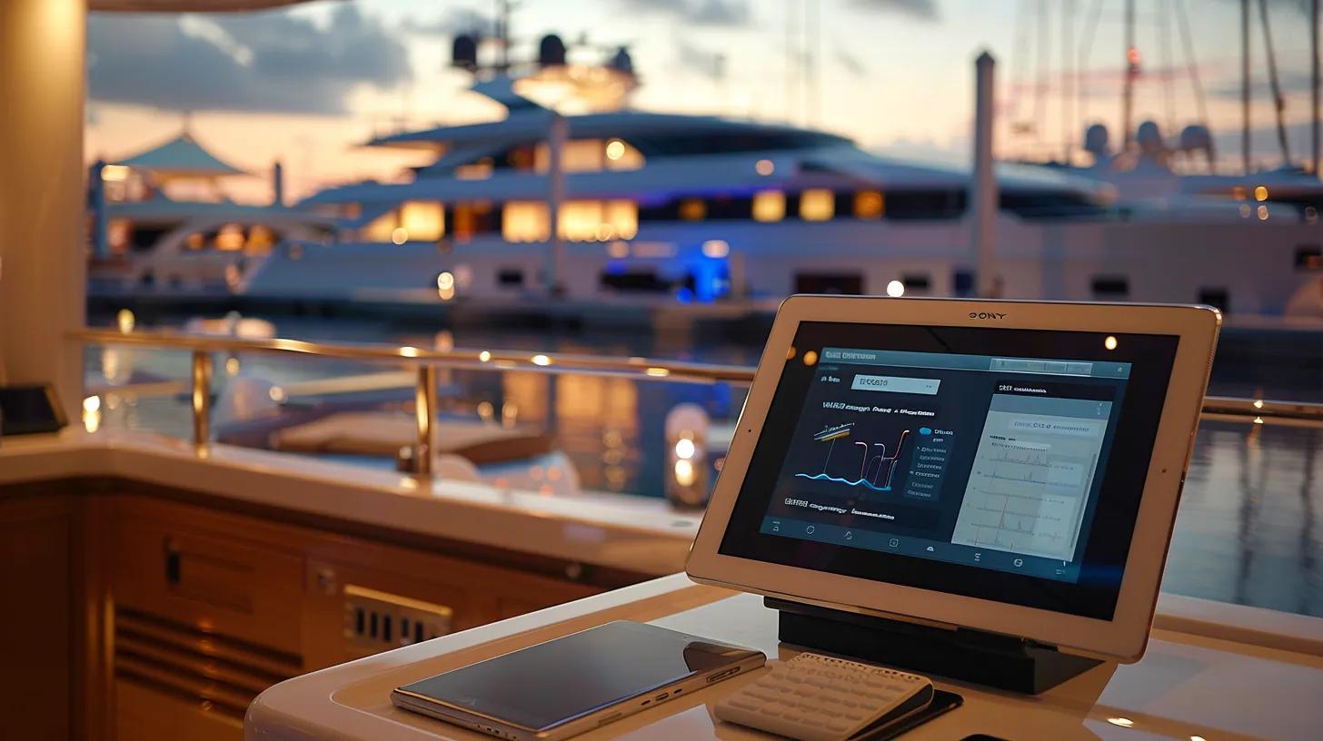 a sleek digital interface displayed on a modern tablet sits on an elegant marina reception desk, surrounded by luxury yachts, illustrating the seamless booking and management of marina services for yacht owners in fort lauderdale.