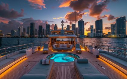 Luxury yacht deck with hot tub, illuminated by sunset, overlooking Miami skyline, emphasizing lavish amenities for yacht charters.