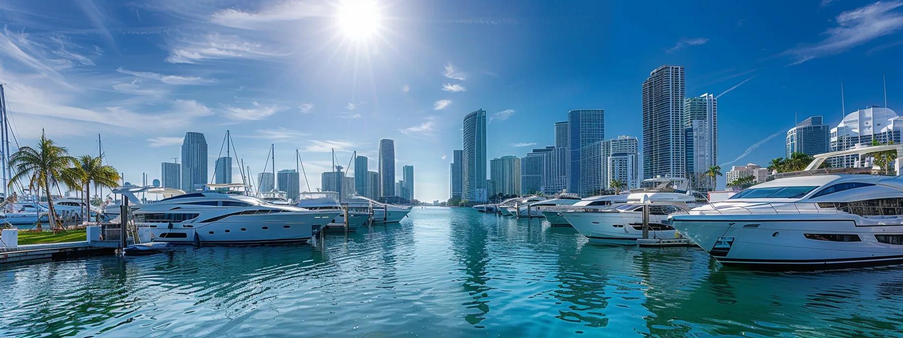 a sleek, modern marina in miami showcasing an array of stylish bareboat rentals under bright, clear blue skies, emphasizing the allure of luxury sailing adventures.