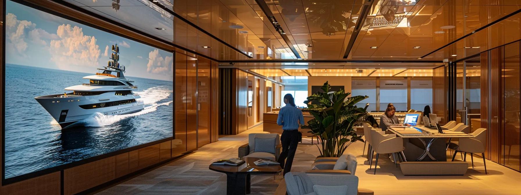 a sleek, modern office conference room features a large screen displaying a detailed digital yacht brochure, surrounded by a diverse group of engaged professionals discussing their specific yachting needs and preferences.